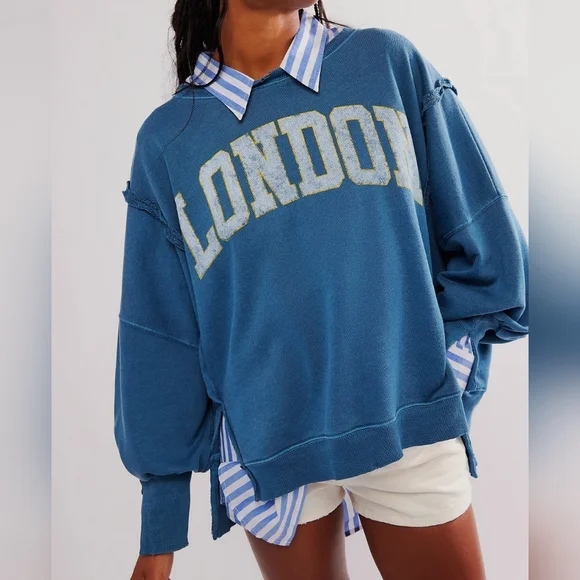NWT FREE PEOPLE CAMDEN LONDON Denim Blue Sweatshirt We The Free New S Small - Picture 9 of 10